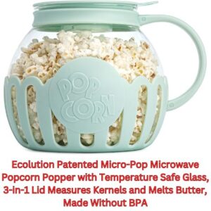 Ecolution Patented Micro-Pop Microwave Popcorn Popper with Temperature Safe Glass, 3-in-1 Lid Measures Kernels and Melts Butter, Made Without BPA